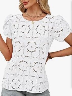 White Lace Crochet Blouse with Puff Sleeves, Size Small
